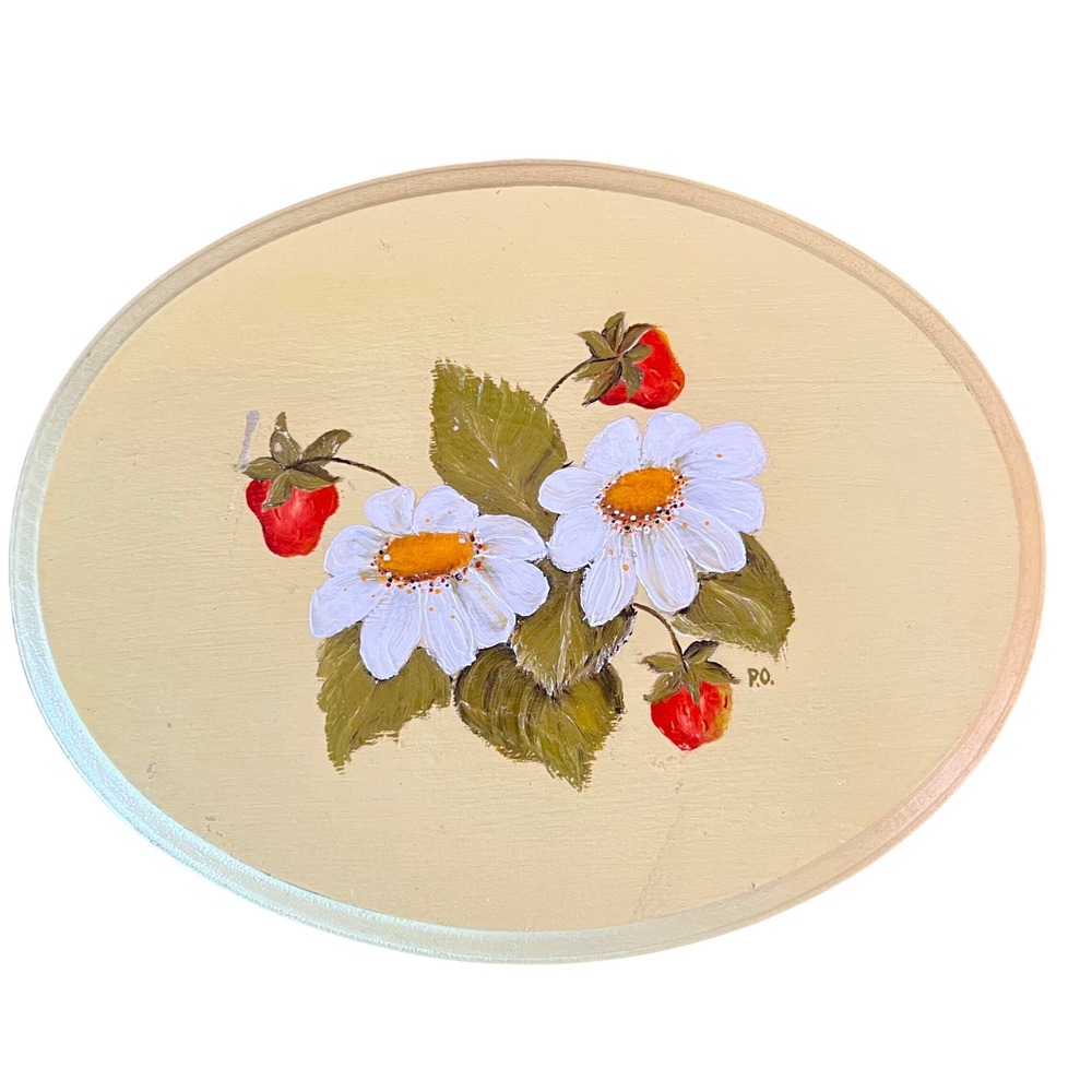 Vintage Hand Painted Wood Oval Wall Plaque Strawberry Daisy Floral Folk Art P.O.